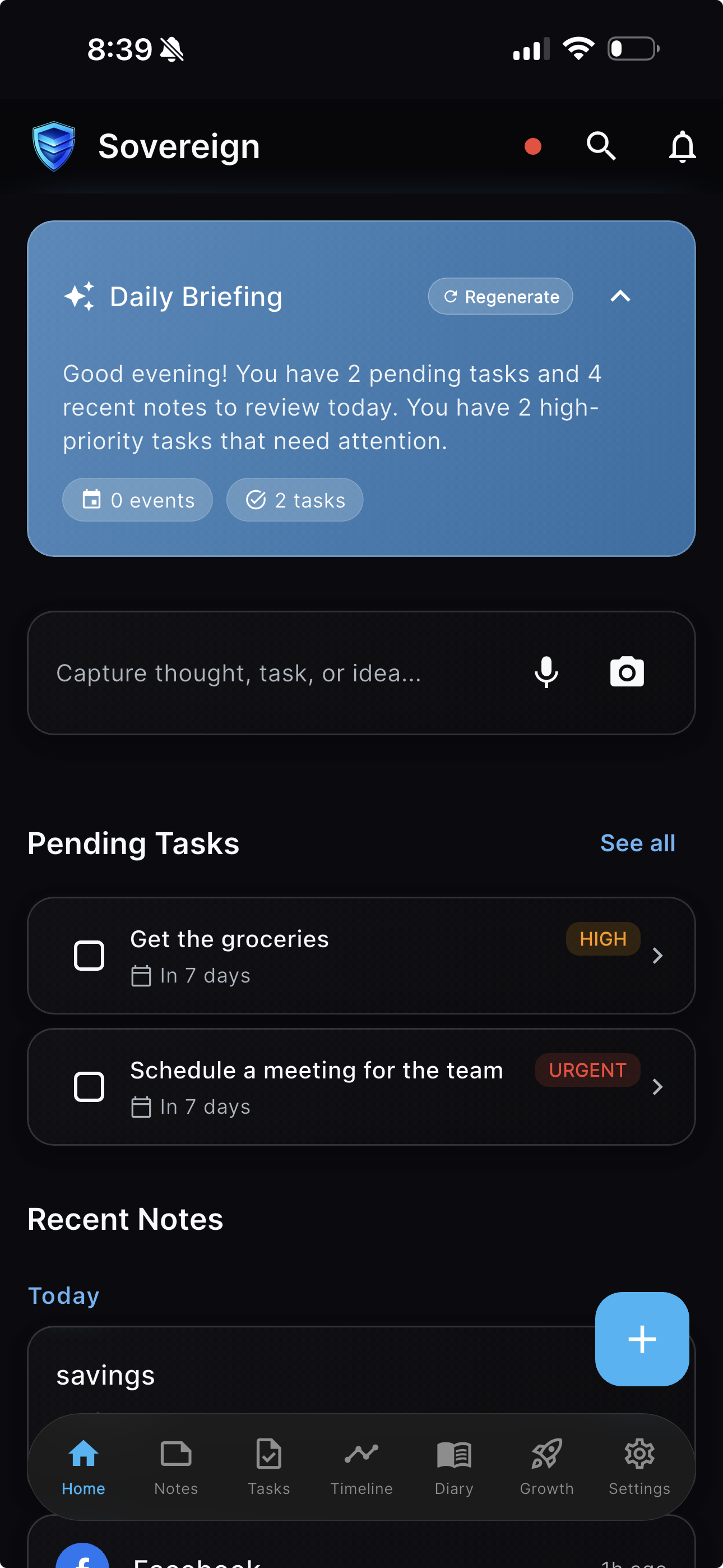 Sovereign on iPhone showing Daily Briefing, pending tasks, and recent notes